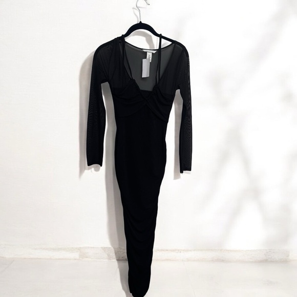 NWT H&M Elegant Black Mesh Sleeve Dress goth Beachy glam vacation XS - Picture 2 of 7